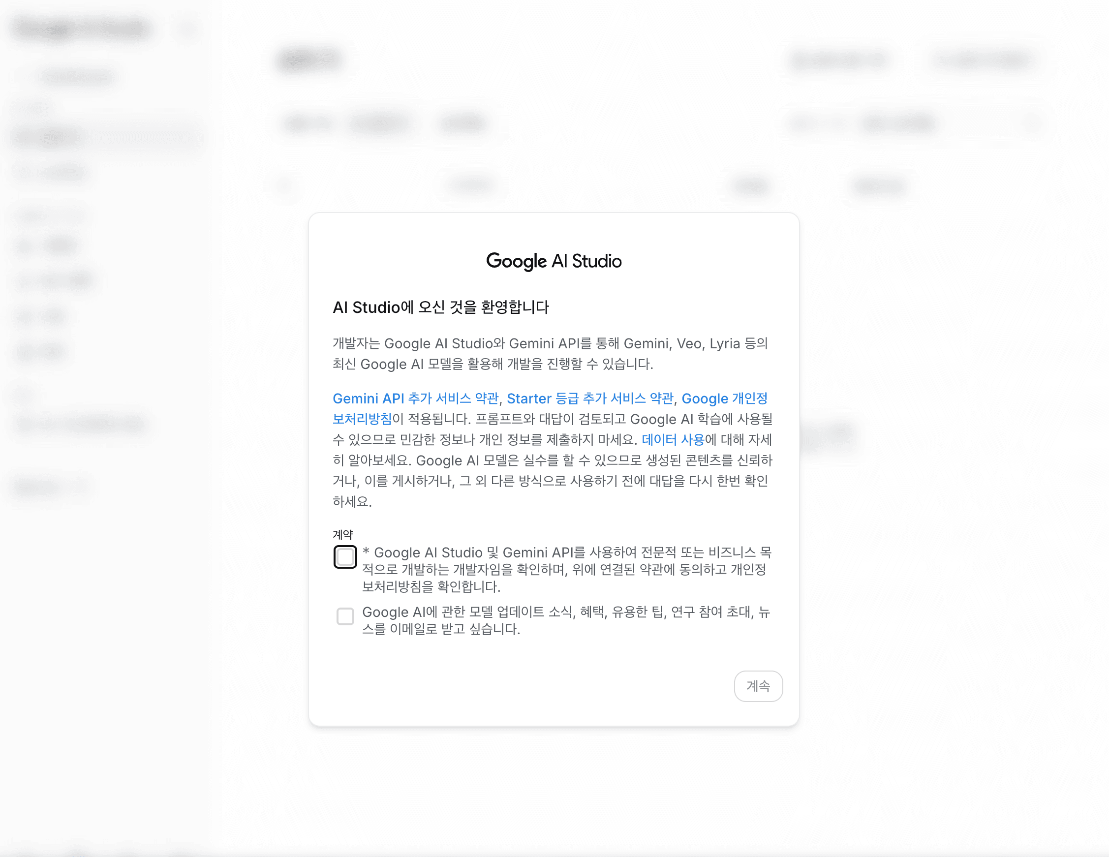 Google AI Studio 약관 동의 창